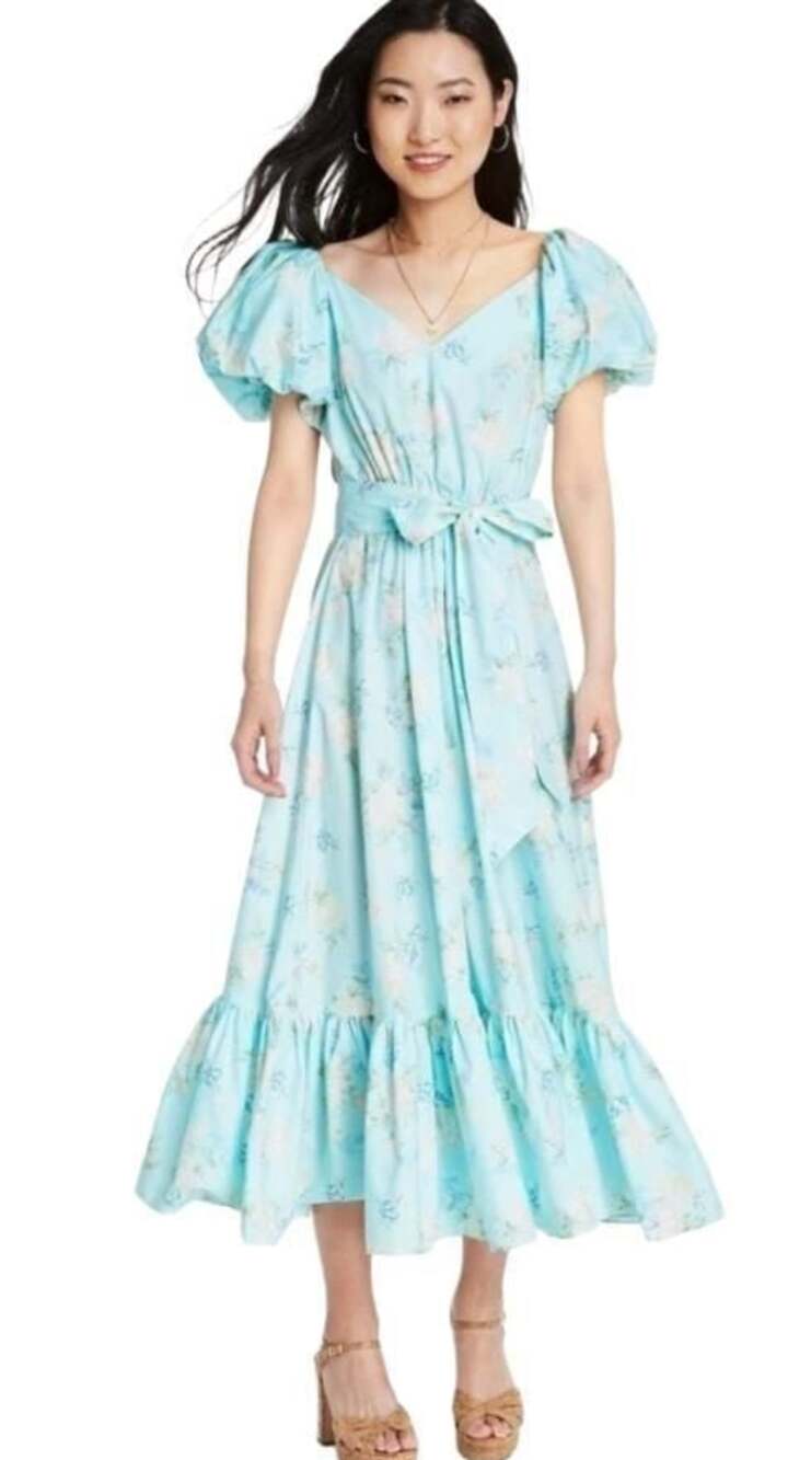 LoveShackFancy Estelle Maxi Dress Blue Floral Puff Sleeve